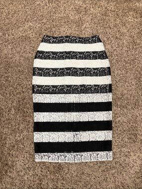 Express Black and White Lace Stripe Pencil Skirt